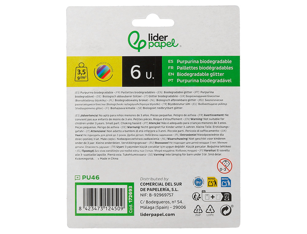PURPURINA LIDERPAPEL BIODEGRADABLE FANTASIA BOTE 3,5 GR COLORES METALICOS SURTIDOS BLISTER DE 6 UNIDADES
