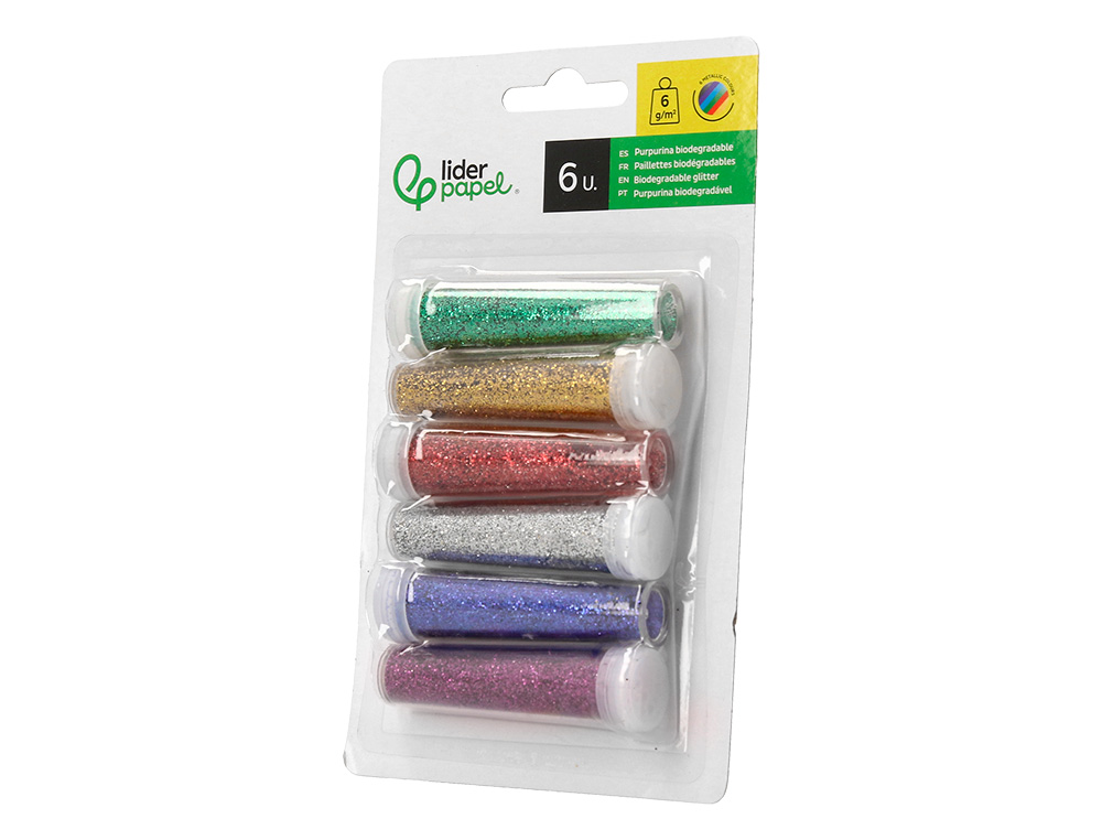 PURPURINA LIDERPAPEL BIODEGRADABLE FANTASIA BOTE 6 GR COLORES METALICOS SURTIDOS BLISTER DE 6 UNIDADES