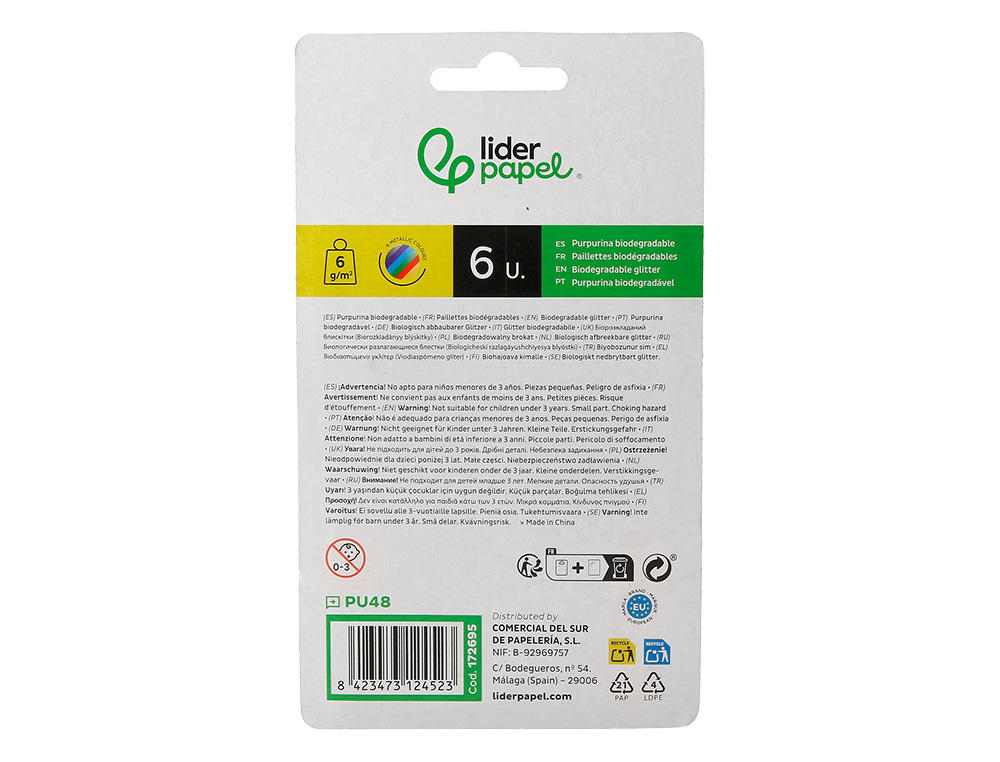PURPURINA LIDERPAPEL BIODEGRADABLE FANTASIA BOTE 6 GR COLORES METALICOS SURTIDOS BLISTER DE 6 UNIDADES