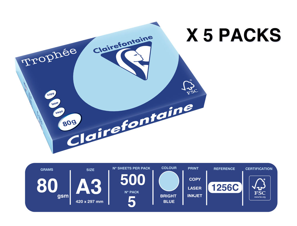 PAPEL COLOR TROPHEE A3 80GR AZUL CELESTE PASTEL PAQUETE DE 500 HOJAS