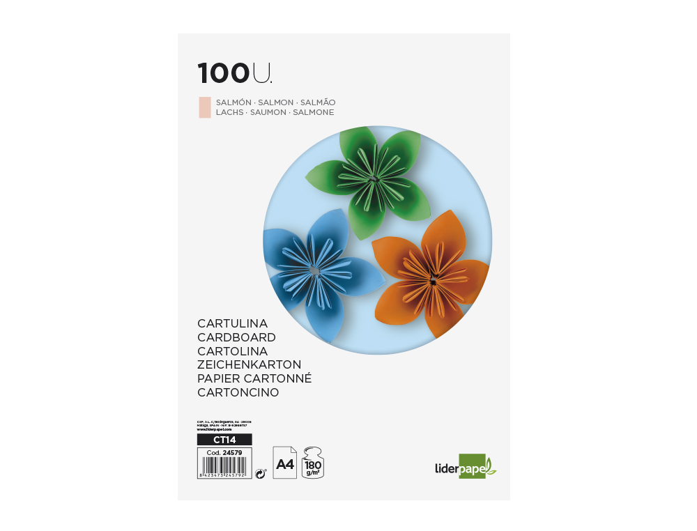 CARTULINA LIDERPAPEL A4 180G/M2 SALMON PAQUETE DE 100 HOJAS