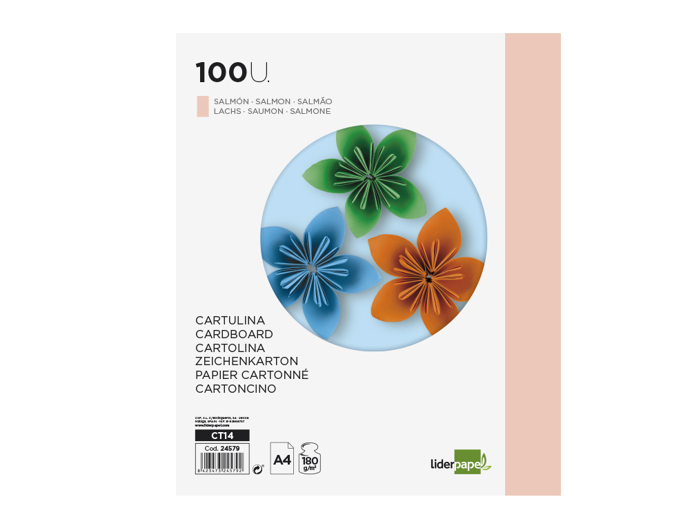 CARTULINA LIDERPAPEL A4 180G/M2 SALMON PAQUETE DE 100 HOJAS