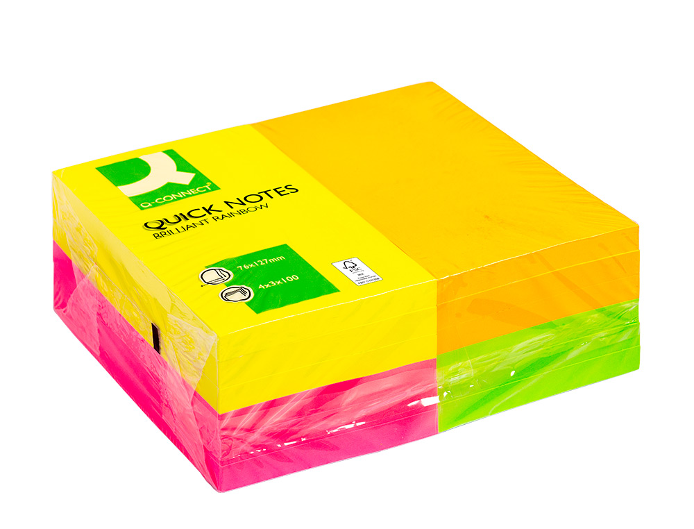 BLOC DE NOTAS ADHESIVAS QUITA Y PON Q-CONNECT 127X76 MM FSC 100 HOJAS FLUORESCENTES PACK DE 12 -SURTIDAS EN 4 COLORES