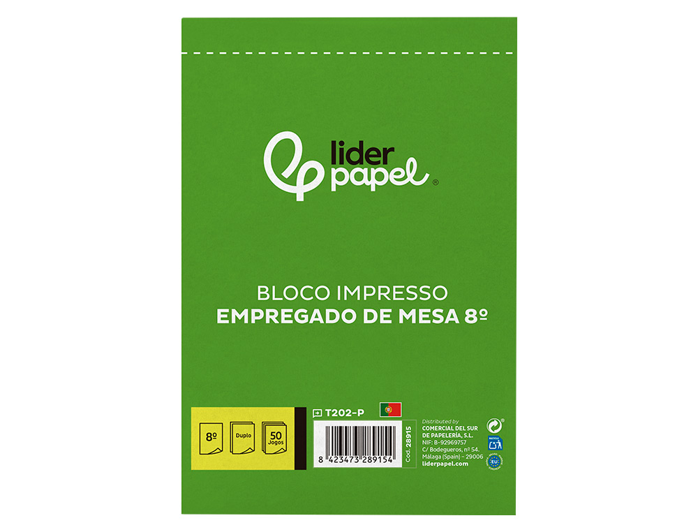 TALONARIO LIDERPAPEL CAMARERO OCTAVO SIN IVA 202 DUPLICADO TEXTO EN PORTUGUES