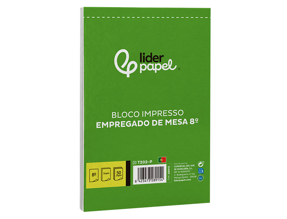 TALONARIO LIDERPAPEL CAMARERO OCTAVO SIN IVA 202 DUPLICADO TEXTO EN PORTUGUES