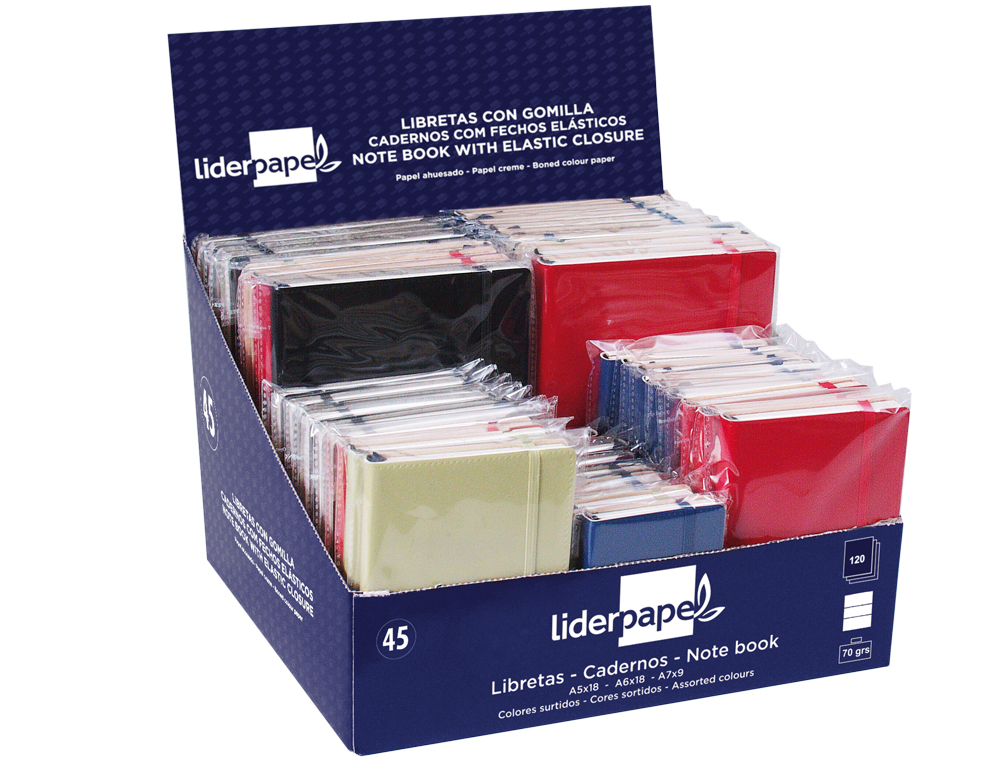 LIBRETA LIDERPAPEL SIMIL PIEL 120 HOJAS 70GR CUADRO 4MM + INDICE EXPOSITOR DE 45 UNIDADES COLORES SURTIDOS