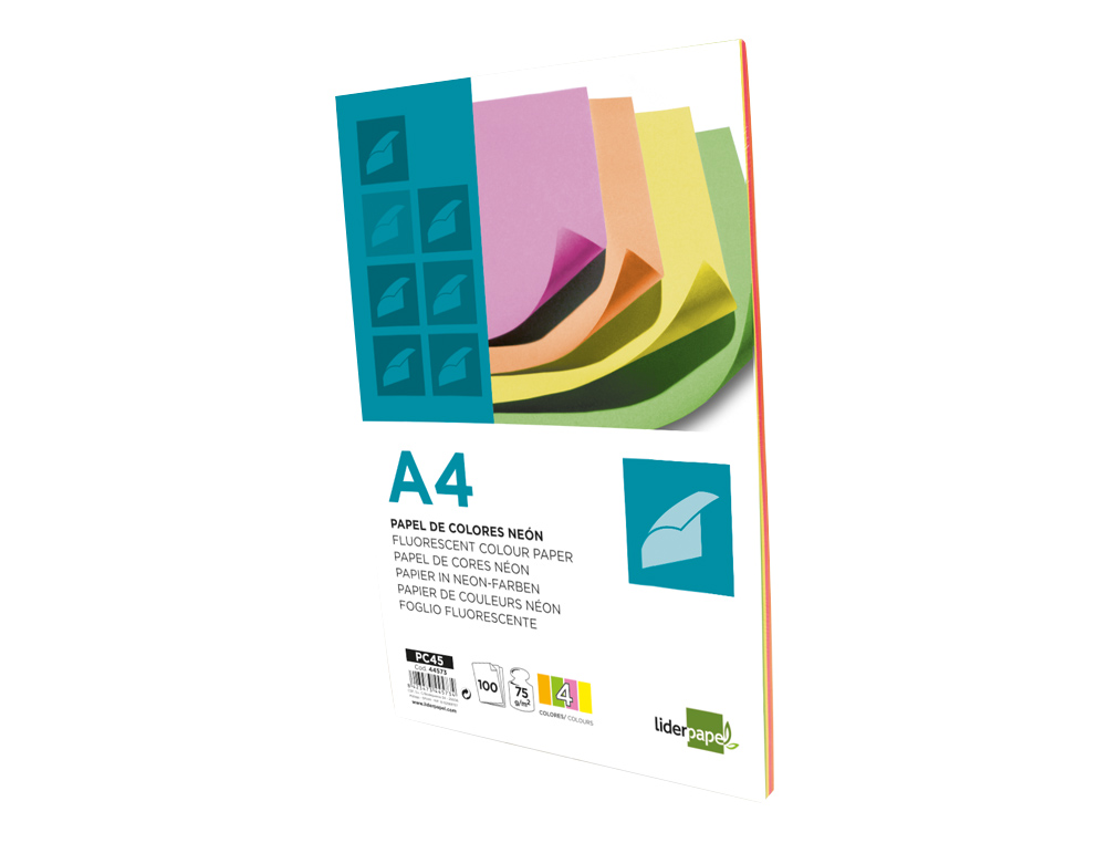PAPEL COLOR LIDERPAPEL A4 75GR NEON 4 COLORES SURTIDOS PAQUETE DE 100 HOJAS