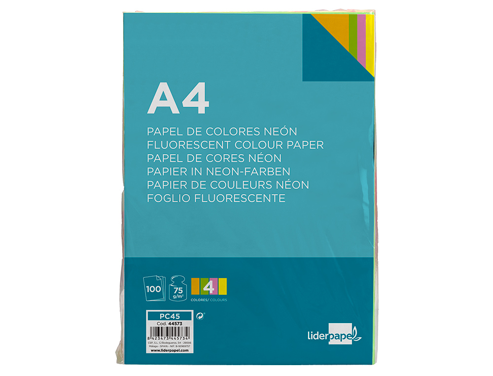 PAPEL COLOR LIDERPAPEL A4 75GR NEON 4 COLORES SURTIDOS PAQUETE DE 100 HOJAS