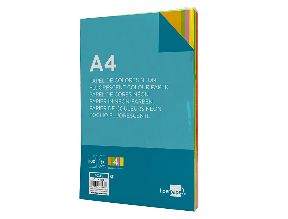 PAPEL COLOR LIDERPAPEL A4 75GR NEON 4 COLORES SURTIDOS PAQUETE DE 100 HOJAS