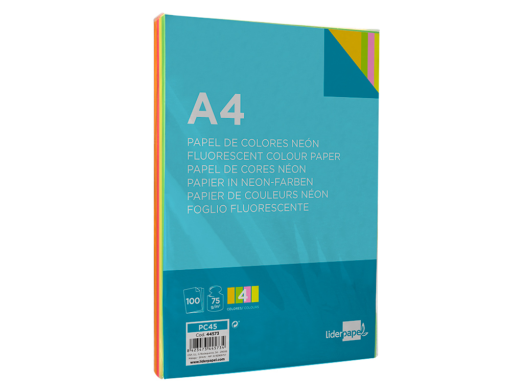 PAPEL COLOR LIDERPAPEL A4 75GR NEON 4 COLORES SURTIDOS PAQUETE DE 100 HOJAS