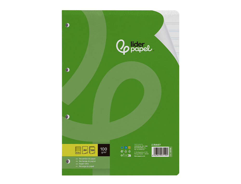 RECAMBIO LIDERPAPEL A4 100 HOJAS 100GR PAUTA 5 2.5MM CON MARGEN 4 TALADROS