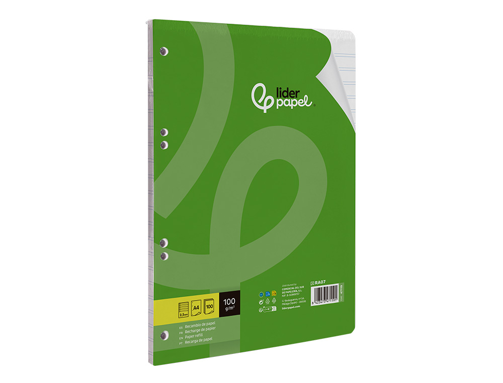 RECAMBIO LIDERPAPEL A4 100 HOJAS 100GR PAUTA 5 2.5MM CON MARGEN 4 TALADROS