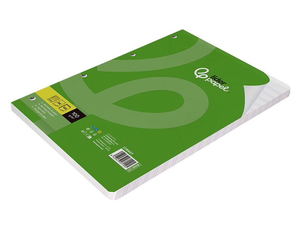 RECAMBIO LIDERPAPEL A4 100 HOJAS 100GR PAUTA 5 2.5MM CON MARGEN 4 TALADROS