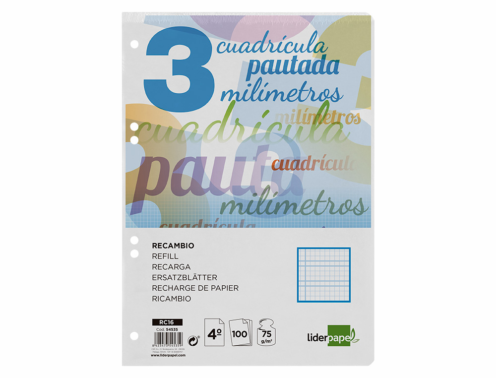 RECAMBIO LIDERPAPEL CUARTO PAUTAGUIA 100 HOJAS 75GR CUADRICULADO PAUTADO 3MM CON MARGEN 6 TALADROS