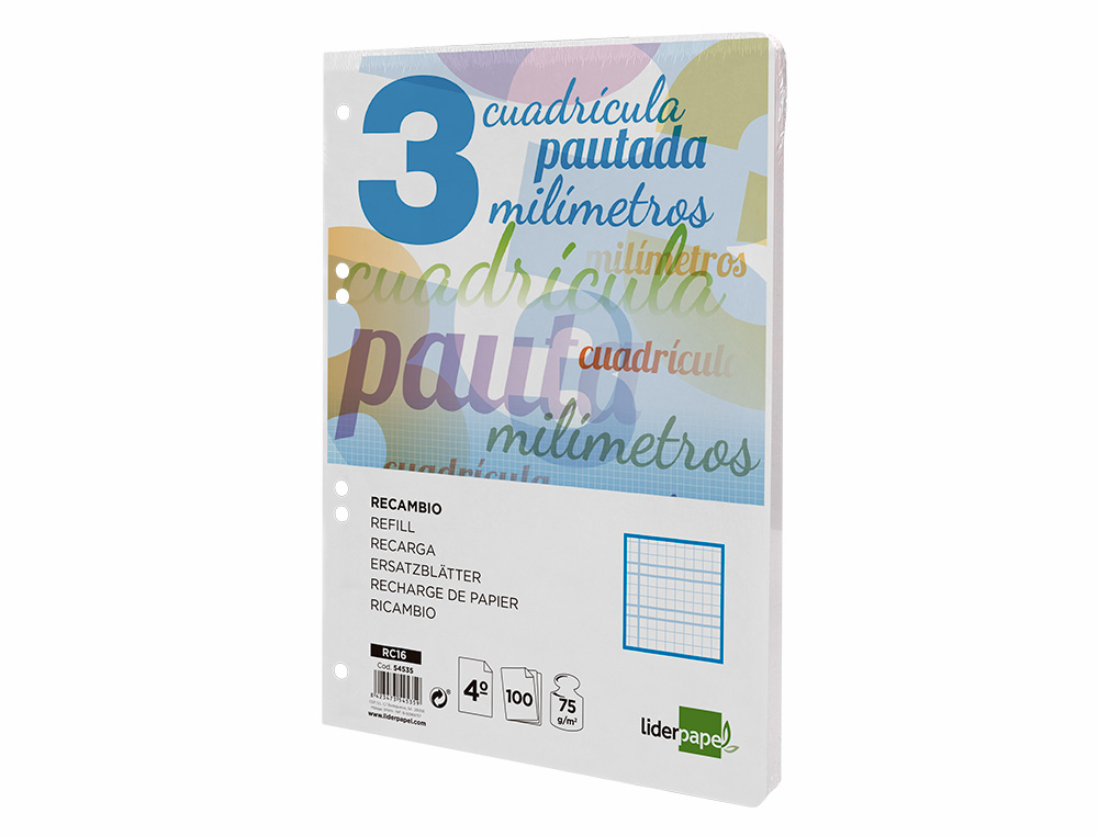 RECAMBIO LIDERPAPEL CUARTO PAUTAGUIA 100 HOJAS 75GR CUADRICULADO PAUTADO 3MM CON MARGEN 6 TALADROS