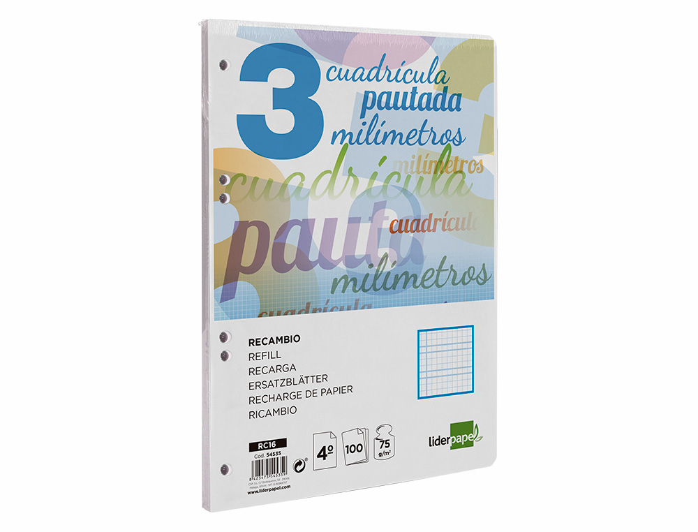 RECAMBIO LIDERPAPEL CUARTO PAUTAGUIA 100 HOJAS 75GR CUADRICULADO PAUTADO 3MM CON MARGEN 6 TALADROS