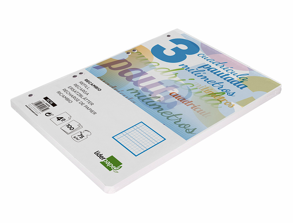 RECAMBIO LIDERPAPEL CUARTO PAUTAGUIA 100 HOJAS 75GR CUADRICULADO PAUTADO 3MM CON MARGEN 6 TALADROS
