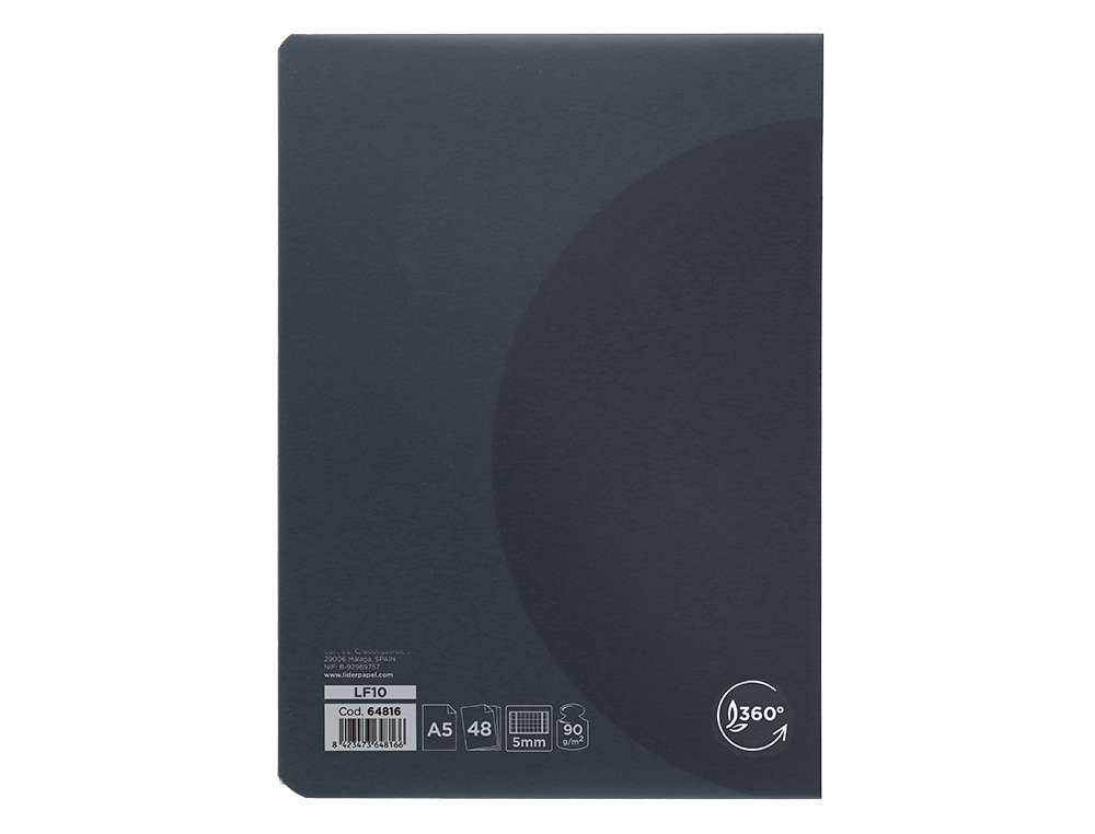 LIBRETA LIDERPAPEL 360 TAPA DE PLASTICO A5 48 HOJAS 90GR 5MM CON DOBLE MARGEN TAPA NEGRA