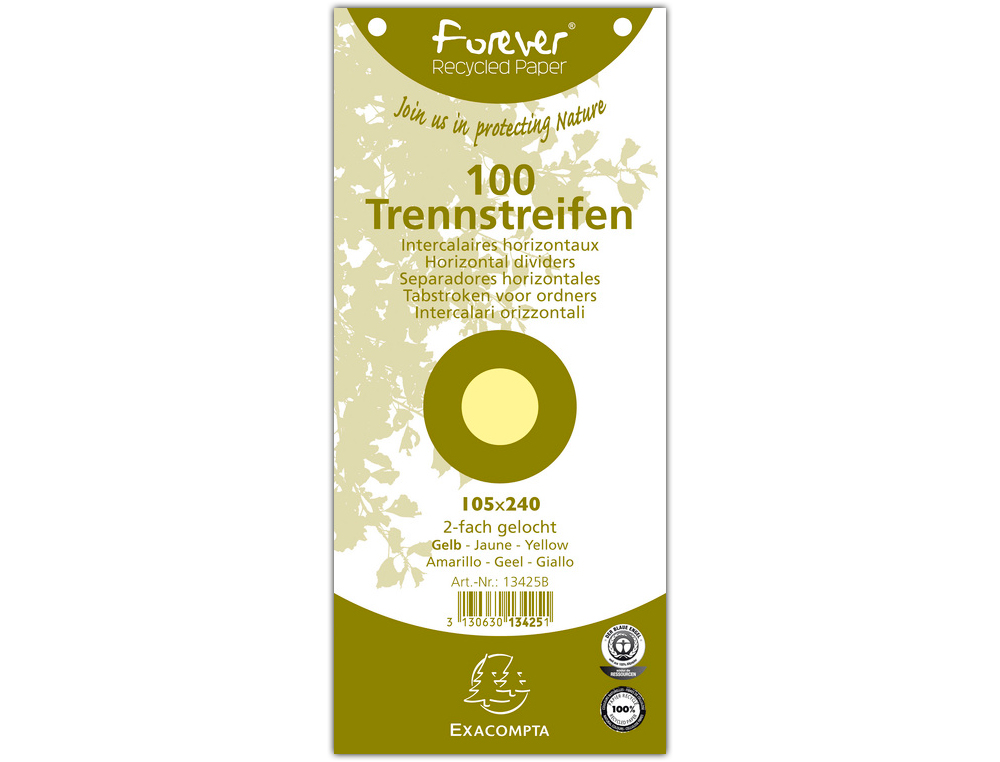 SEPARADOR EXACOMPTA CARTULINA DE 180 GR JUEGO DE 100 SEPARADORES 105X240 MM CON 2 TALADROS COLOR AMARILLO