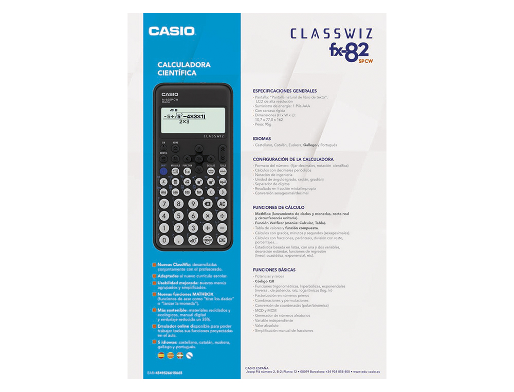 CALCULADORA CASIO FX-82SP CW IBERIA CLASSWIZ CIENTIFICA + 300 FUNCIONES 9 MEMORIAS CON TAPA