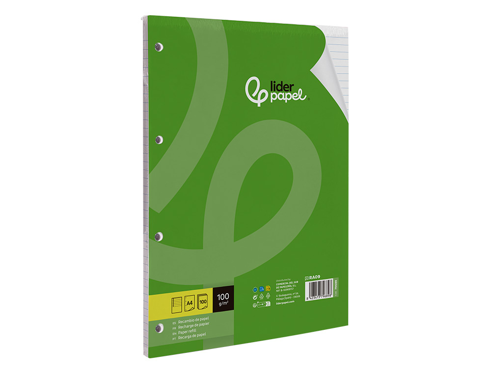 RECAMBIO LIDERPAPEL A4 100 HOJAS 100GR RAYADO HORIZONTAL CON MARGEN 4 TALADROS