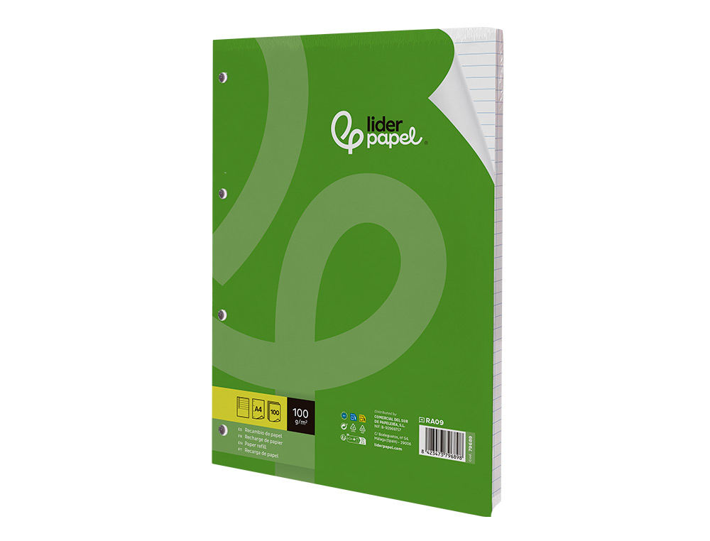 RECAMBIO LIDERPAPEL A4 100 HOJAS 100GR RAYADO HORIZONTAL CON MARGEN 4 TALADROS