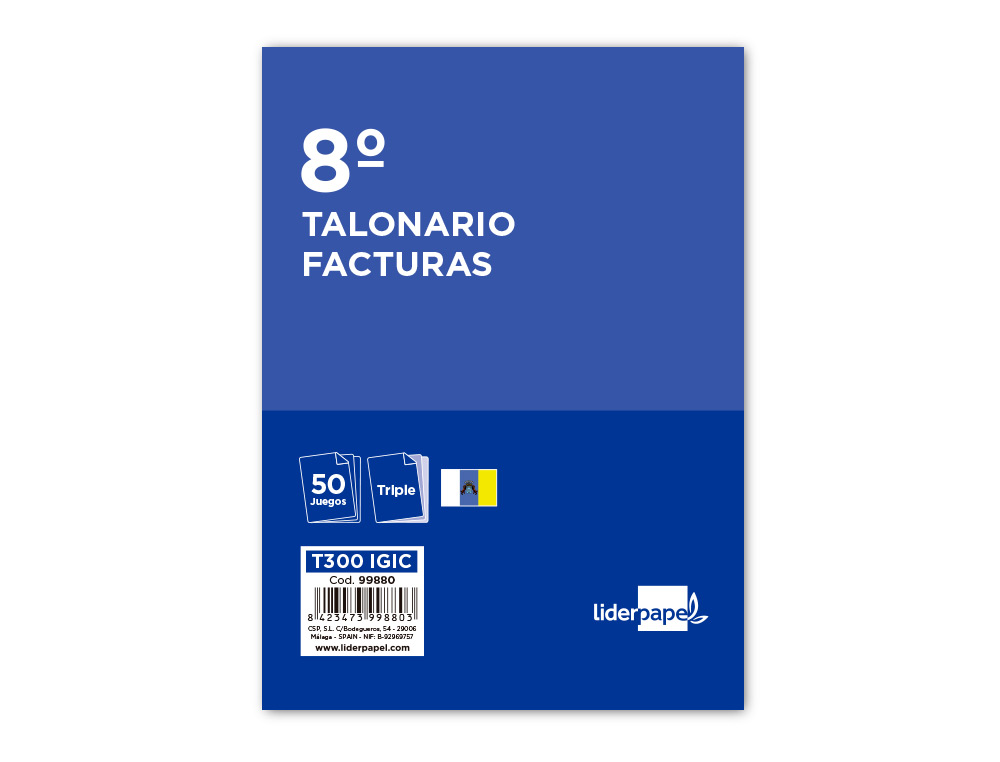 TALONARIO LIDERPAPEL FACTURAS 8 ORIGINAL Y 2 COPIAS T300 CON I.G.I.C.