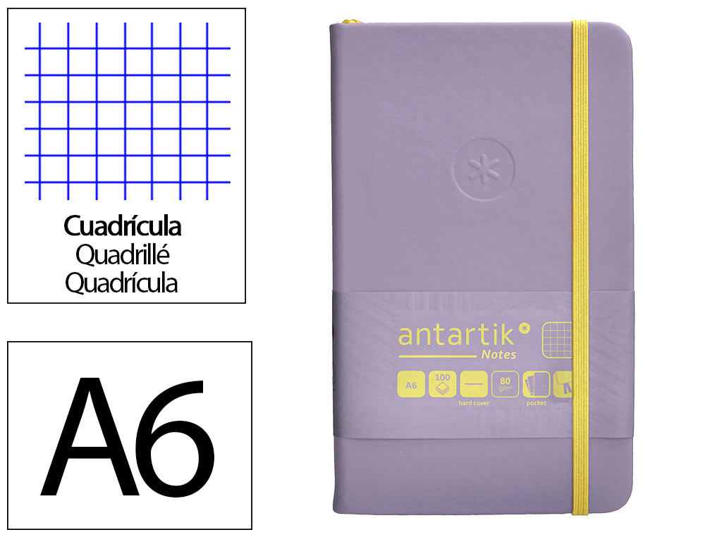 CUADERNO CON GOMILLA ANTARTIK NOTES TAPA DURA A6 HOJAS CUADRICULA MORADO Y AMARILLO 100 HOJAS 80 GR FSC