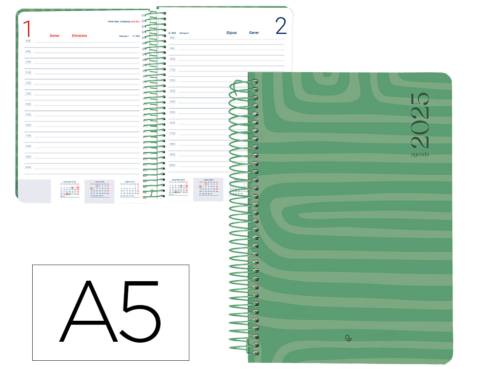 AGENDA ESPIRAL LIDERPAPEL SYROS A5 2025 DIA PAGINA COLORVERDE PAPEL 60 GR CATALAN