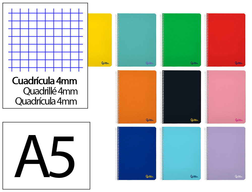 CUADERNO ESPIRAL LIDERPAPEL A5 SMART TAPA BLANDA 40H 75GR CUADRO 4MM CON MARGEN COLORES SURTIDOS