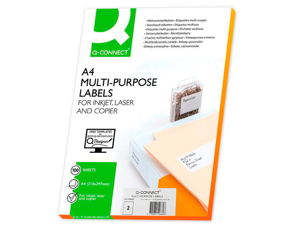 ETIQUETA ADHESIVA Q-CONNECT KF10662 TAMAO 210X148,5 MM FOTOCOPIADORA LASER INK-JET CAJA CON 100 HOJAS DIN A4