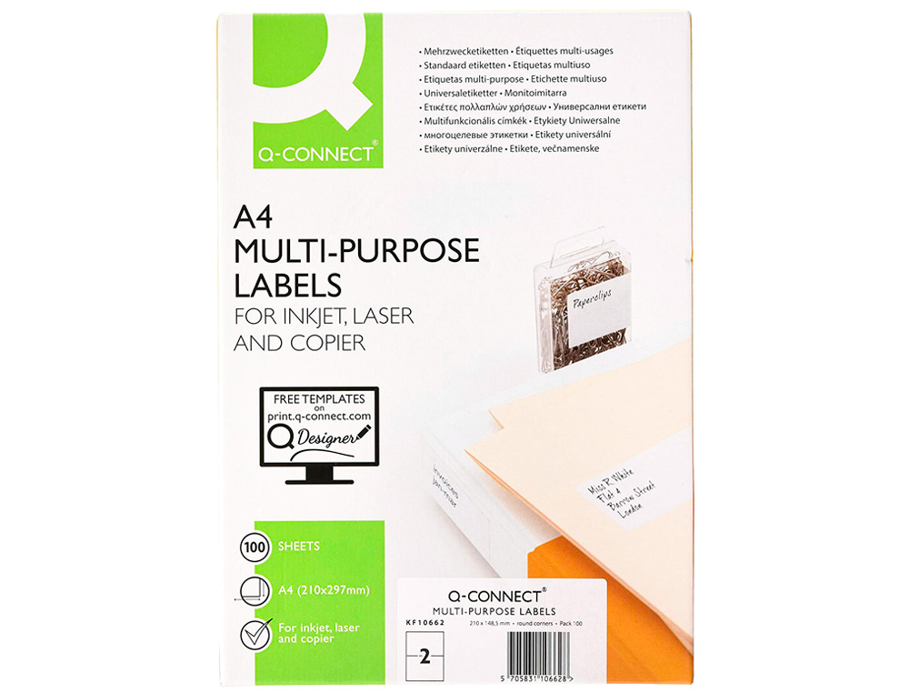 ETIQUETA ADHESIVA Q-CONNECT KF10662 TAMAO 210X148,5 MM FOTOCOPIADORA LASER INK-JET CAJA CON 100 HOJAS DIN A4